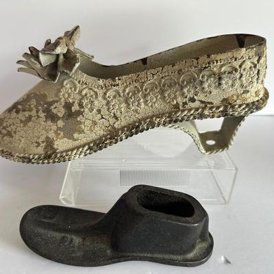 Antique Decorative Shoe Pair – Cast Iron Cobbler Form + Ornate Iron Display Shoe