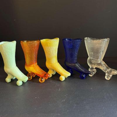 Set of 5 Fenton Vintage Glass Miniature Roller Skate Boots – Hobnail Pattern