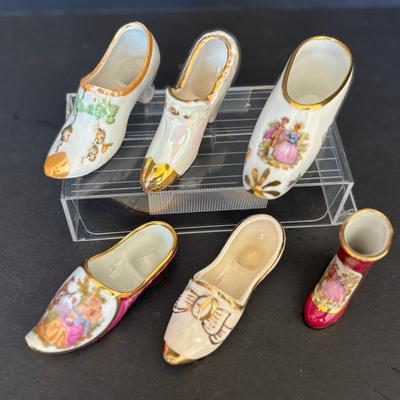 Lot of 6 Vintage Porcelain Slipper Figurines – Limoges France and Other European Styles