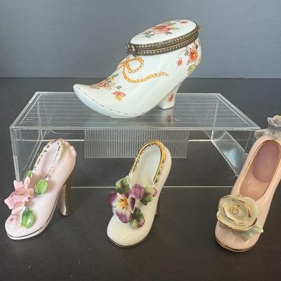 Set of 4 Porcelain Floral High Heel Miniatures – Includes Hinged Limoges Trinket Box