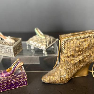 Set of 3 High Heel Trinket Boxes + Gold Boot Handbag Music Box – Collectible Décor Lot
