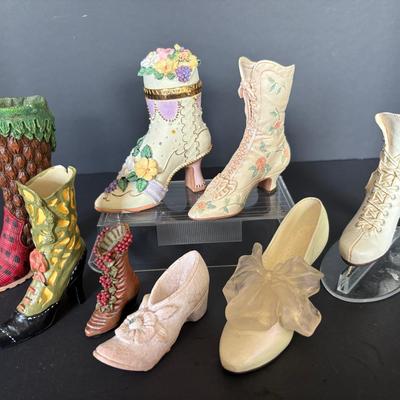Lot of 8 Vintage Miniature Shoe Figurines – Hand-Painted & Themed Designs