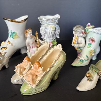 Lot of 7 Vintage Ceramic Shoe Figurines – Cherubs, Flowers, Victorian Boots & More