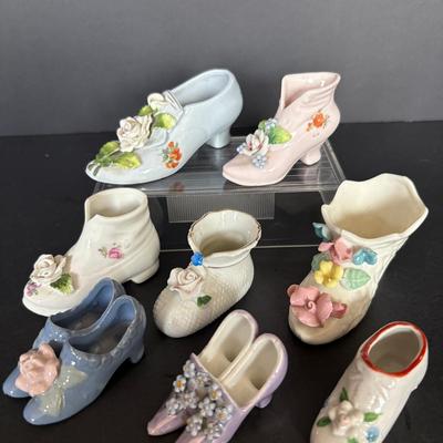 Lot of 10 Floral Porcelain Shoe Figurines – Vintage Miniature Planters & Decor 