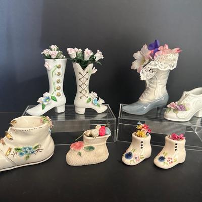 Floral Ceramic Shoe Figurines – Victorian Boot & Baby Shoe Vases with Faux Flowers (Set of 8)