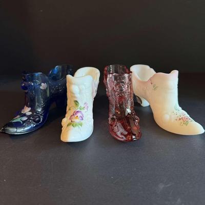 Set of 4 Fenton Vintage Glass Miniature Boots – Hand-Painted & Pressed Glass