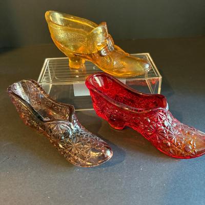 Set of 3 Vintage Pressed Glass Shoes – Amberina, Ruby Red, and Marigold Glass Figurines