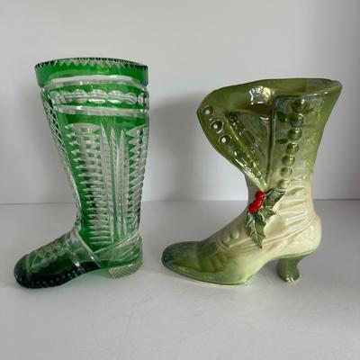 Vintage Green Boot Vases – Set of 2 Decorative Floral Vessels – Holiday & Glass Designs