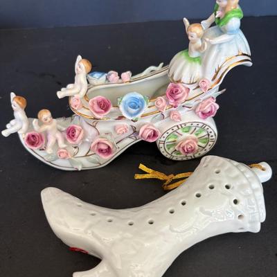 Porcelain Shoe-Themed Figurines – Victorian Boot Ornament & Cherub-Drawn Shoe Carriage 