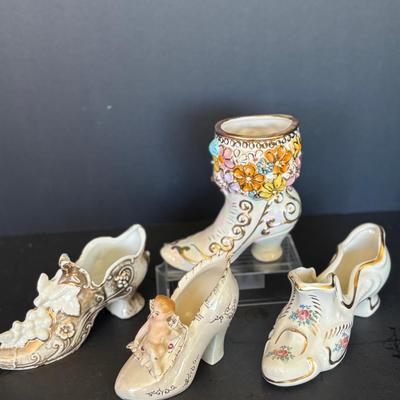 Lot of 4 Vintage Porcelain & Ceramic Shoes – Floral, Cherub, and High Victorian Style
