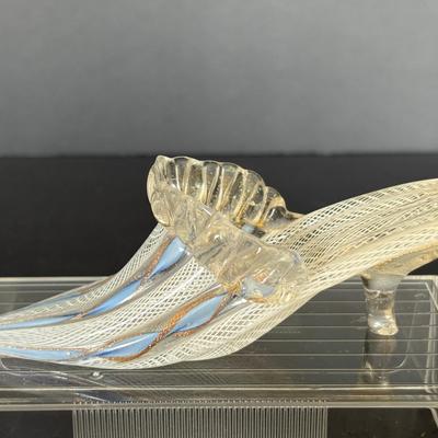 Murano Glass Latticino Slipper – Handblown Art Glass, Italy, White & Blue Ribbons, 6.5