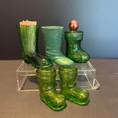 Set of 5 Green Glass Boot Collectibles – Toothpick Holder, Bottle, and Novelty Figurines