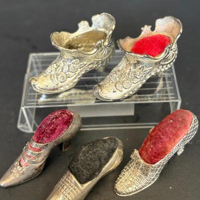 Lot of 5 Vintage Metal Shoe Pincushions – Victorian Style Silver-Tone with Velvet Tops