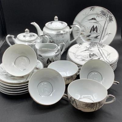 Kutani Hand Painted Bone China Tea and Dessert Set with Lithophane Geisha Faces in Teacups