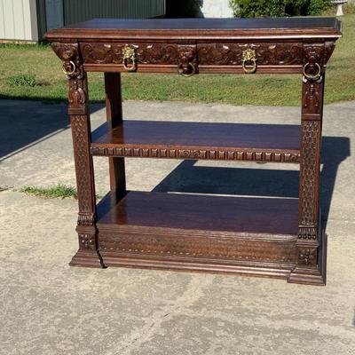 Early 1900s. RJ Horner carved sideboard with lions, pheasants and monks