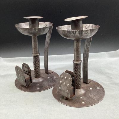 Pair of Hugo Berger Goberg German Arts and Crafts Iron Chambersticks with Match Holder