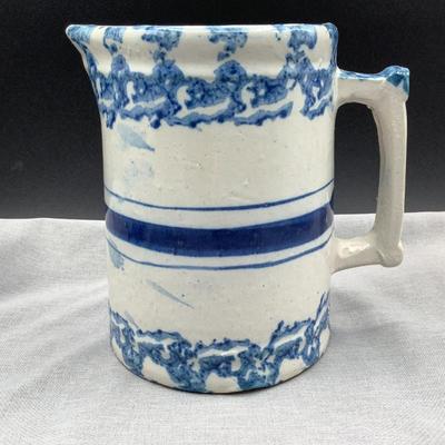 Antique 19th C Blue Spongeware Stoneware Pitcher