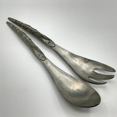 Haida West Coast Canadian Pewter Salad Set with Carved Faces and Totem Pole Style