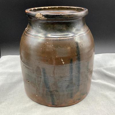 Early 1900s stoneware preserve jar with black glazing