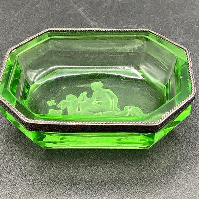 Green glass salt with sterling rim, etched glass