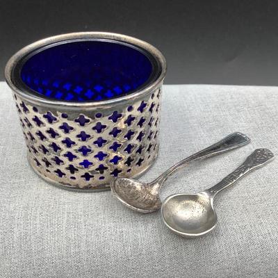 Cobalt with silver overlay and salt spoons