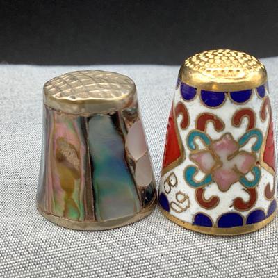 Cloisonne and mother of pearl thimbles