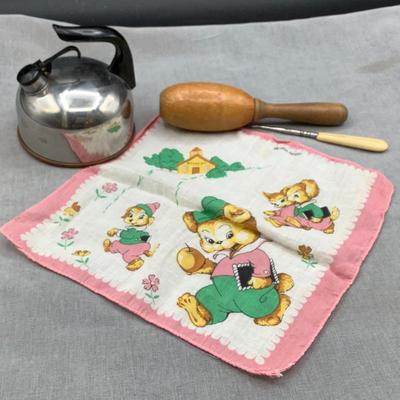 Vintage sewing, child's handkerchief and play revere kettle