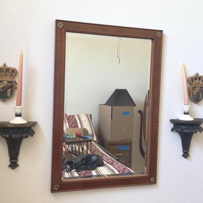 Rustic Bombay Co.Mirror, Two Wall Shelves With Candles And Two Coat Of Arms Plaques