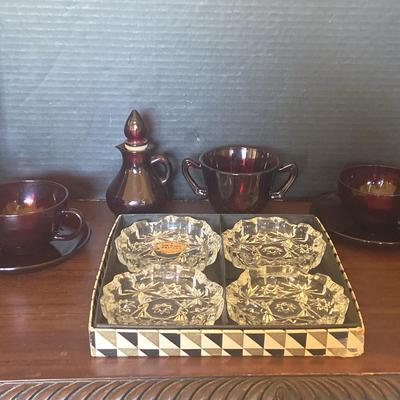 RUBY RED GLASS Set, Anchor Hocking Ashtrays And Silverplate Martini Pitcher 