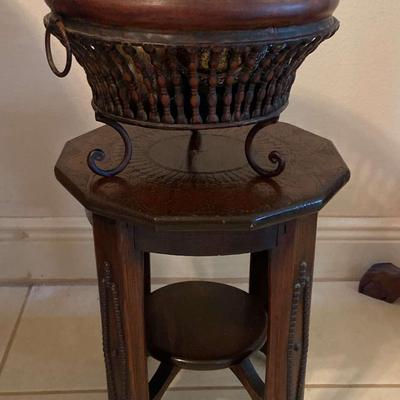 Carved Plant Stand And Spindle Decor Basket