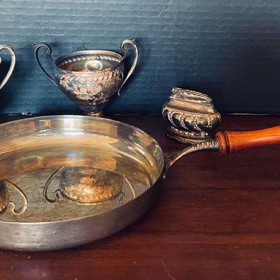 Ronson "Crown" lighter, F.B. Rogers Pan And Rogers Sterling weighted reinforced 1910 cream and sugar