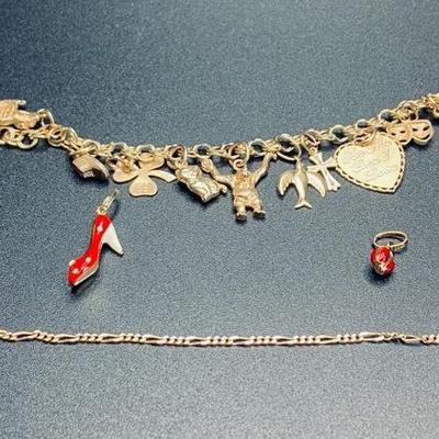 14K Charm Bracelet, 14K And 18K Necklace Charms And 14K Figaro Bracelet