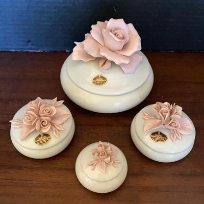 Four Capodimonte Pink and White Porcelain Collectible Bowls with Flower Lids