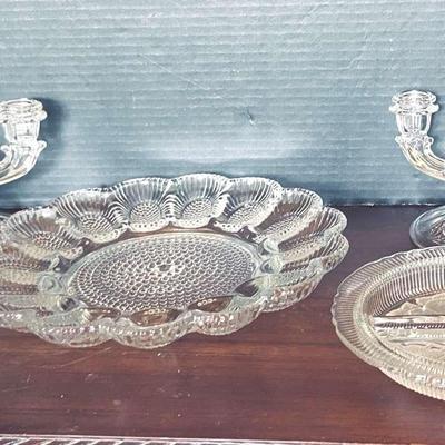 Vintage Glassware -Hobnail Deviled Egg Dish, Glass Decanter, Relish Dish And Candle Holders 