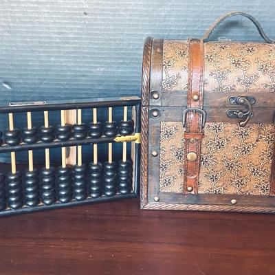 Small, Vintage Wooden Chest And Lotus Flower Abacus