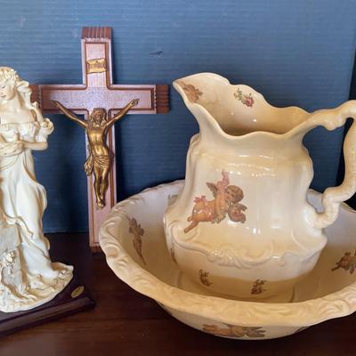 Religious Decor Italian Statue Lady with Doves, Jesus Crucifix with Compartment, Pitcher and Basin 