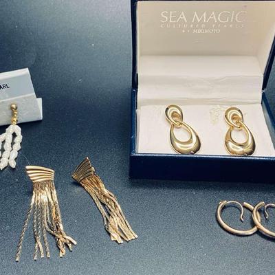 Freshwater Pearl Earrings, Gold Tone Hoops And Trifari Drop Earrings 