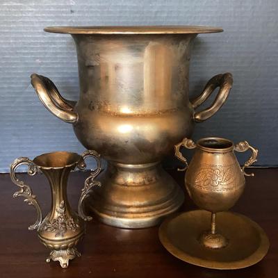 Vintage Brass Chiller Ice Bucket with Two Miniature Ornate Italian Renaissance Vases Tea Cups