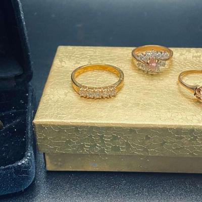 14K Pink Marquis, Flower Rings And 5 Stone Gold Band