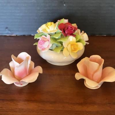 Three Capodimonte Royal Doulton Pink White Red Rose Porcelain Flower Decoratives