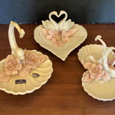 Three Capodimonte Pink and White Porcelain Dishes with Floral and Animal Decor