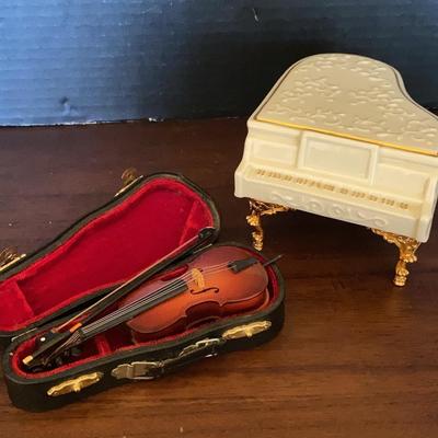 Miniature White Ceramic Music Box Piano and Cello with Case