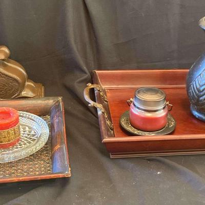 Rustic Decor-Wood Trays, Candles And Bookends
