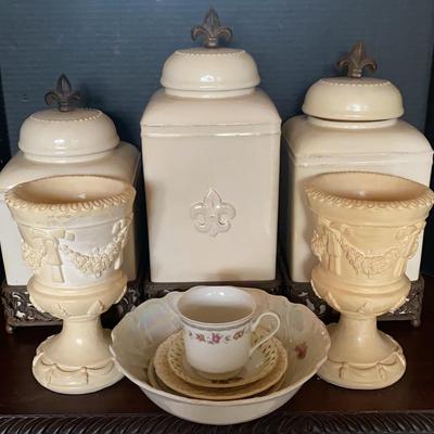 White Misc Kitchen Decor Cannister Jars, Goblet Vases, RCW Bavaria China Bowl Floral, Tea Cup Dishes