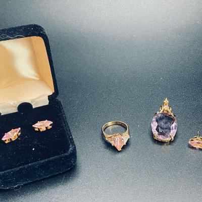 18K Pink And CZ Ring, Pink Marquis Stud Earrings And Amethyst Pendant