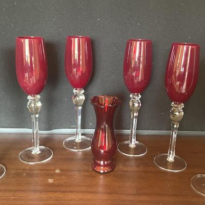 Ruby Red Champagne Flutes And Matching Bud Vase