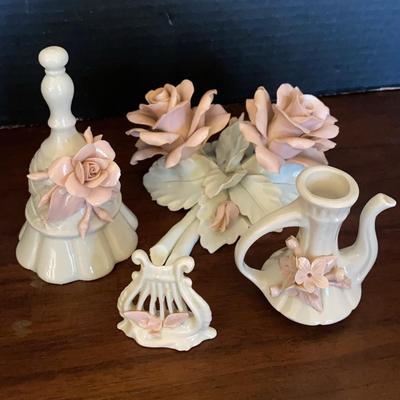 Four Capodimonte Pink and White Porcelain Miscellaneous Bell Harp Flowers Pitcher Candle Holder