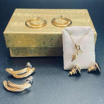 Napier And Gold Tone Earrings, 10K High Heel Charm Necklace 