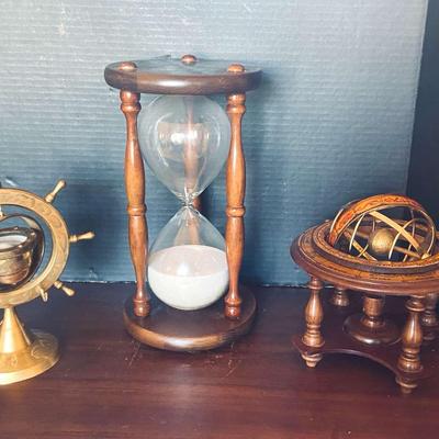 Maritime Decor - Sand Hourglass, Brass Compass And Astrological Desktop Globe 