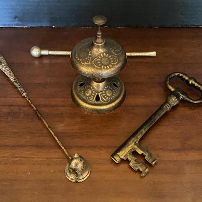 Vintage Brass Misc Lot Hotel Front Desk Push Button Bell, Skeleton Key, Candle Snuffer, Tea Strainer